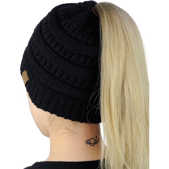 Women's High Ponytail Beanie Soft Stretch Hat - Picture 3 of 5